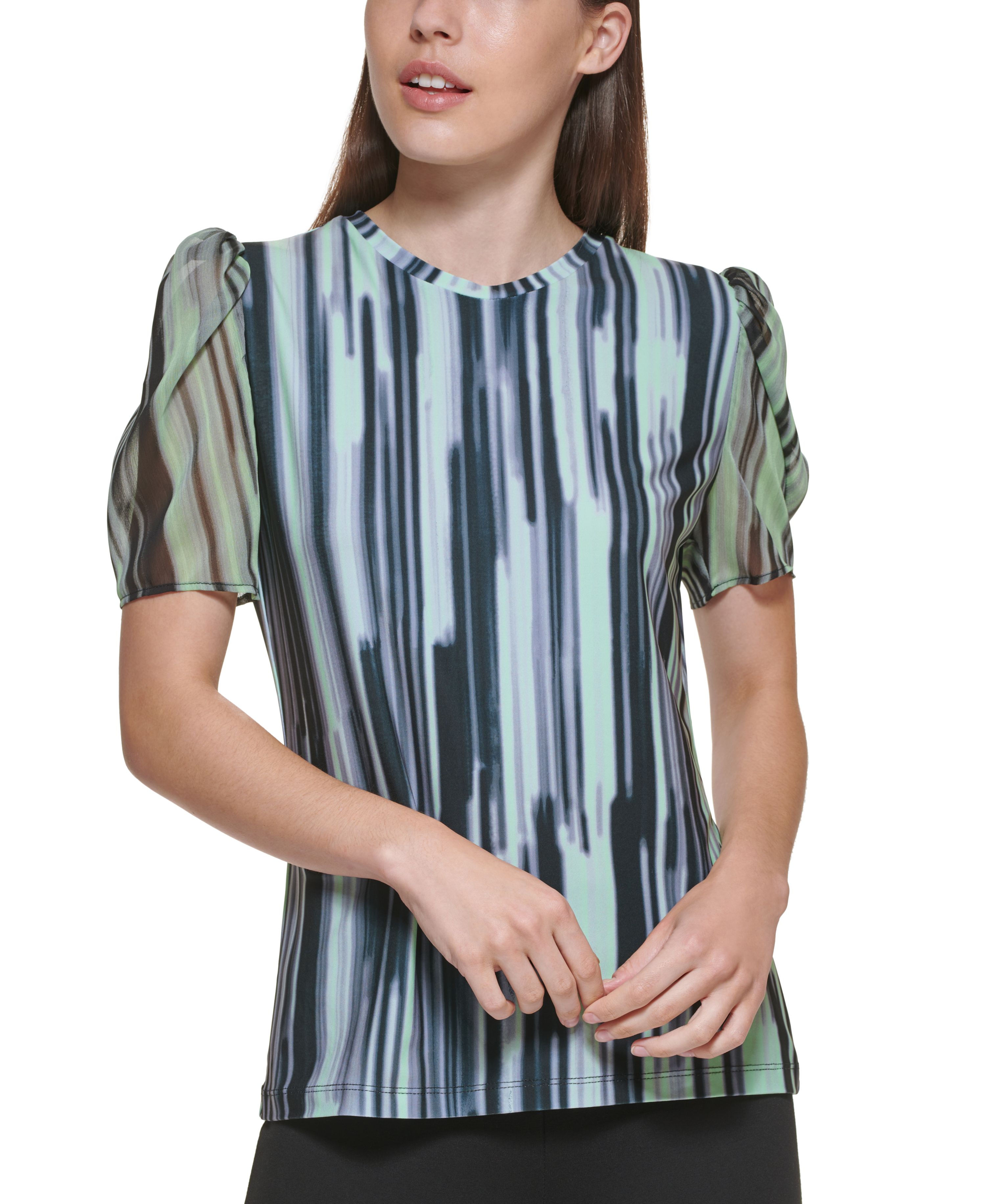 Mixed Media Puff Sleeve Top Lazer Multi M